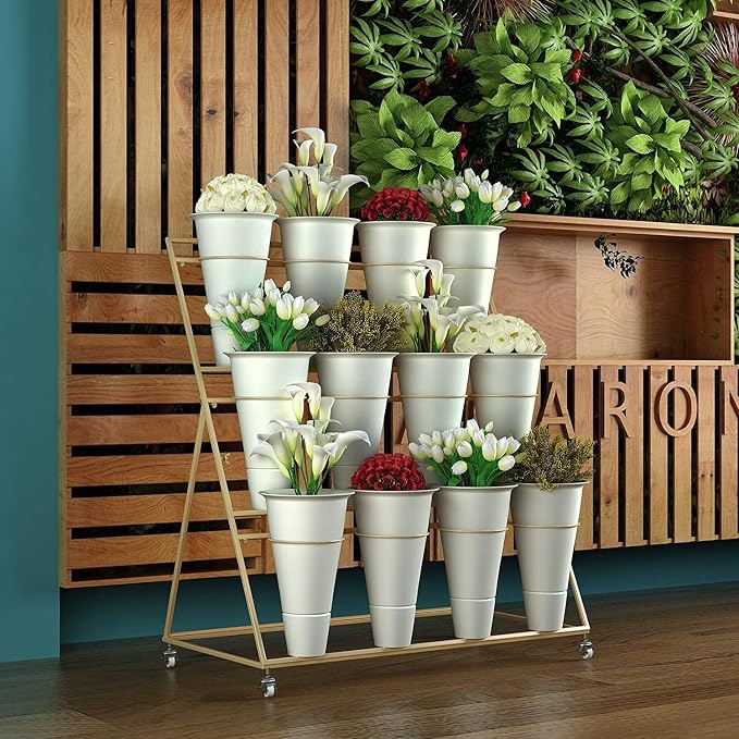 Plant Flower Stand Movable Wrought Iron Multi-Layer Flower Display Stand Plastic Flower Bucket Stand for Florist Balcony Courtyard (Color : B) (A)