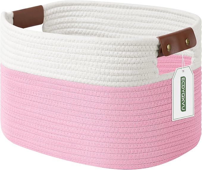 ECDYQXVU 15x10x9 Woven Cotton Rope Storage Basket, Leather Handles 1 Pack | Foldable Design, Sturdy PU Handles, Easy to Clean Organizer for Living Room, Closet, Shelves, Bedroom, Laundry, Clothes