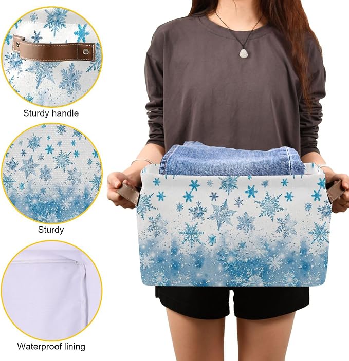 Winter Snowflake Blue Storage Basket with Waterproof Liner and PU Handles White Christmas Holiday Xmas Storage Boxes 14.2" Collapsible Decorative Organizer Baskets for Bedroom Closet Office 1 Pack