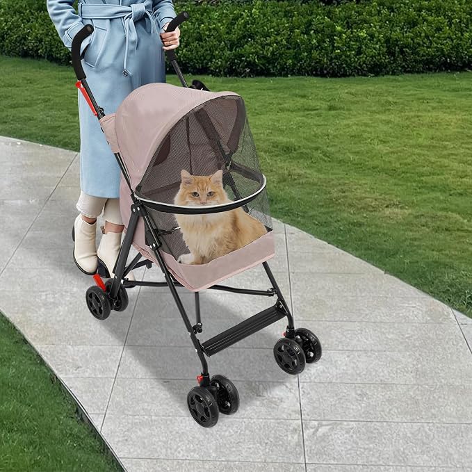 Pet Stroller, Foldable Pet Travel Stroller with Weather Cover, 2 Wheels Pet Strolling Cart for Small Medium Dogs Cats with Cup Holder Breathable Visible Mesh Outdoor Stroller for All-Season (Pink)