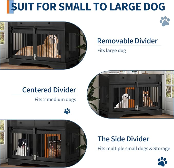 Dog Furniture Crate, 47" Large Dog Crate Furniture w/ 2 Storage Draws & Removable Divider for Large/Medium/Small Dogs