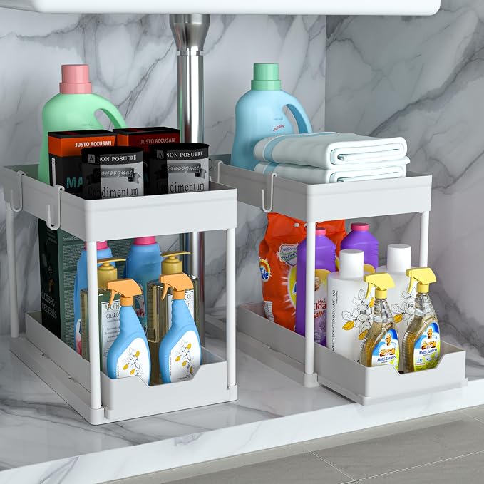 DEKAVA Cabinet, 2 Pack Under Sink Organizer, 2 Tier Sliding Bathroom Kitchen Organizer, Large White ABS Baskets, Easy Install & Clean