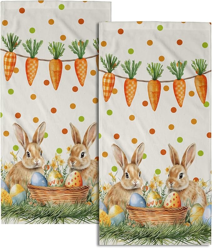 Giwawa Easter Bunny Hand Towels Eggs Carrot Dish Washing Cloth Set of 2 Soft Absorbent Fingertip Face Tea Towel for Kitchen Bathroom Holiday Decor