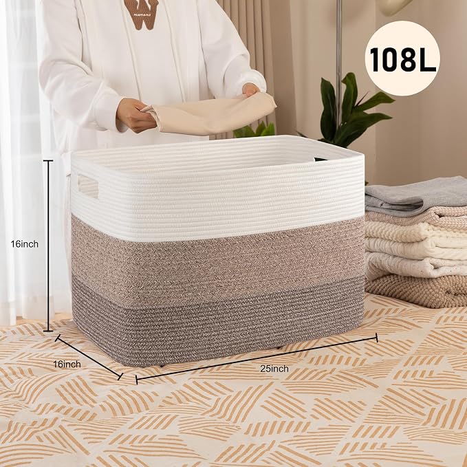 OIAHOMY 108L Extra Large Blanket Basket Dog Toy Basket radient Dark Brown | Rectangle Woven Baskets for Storage Cotton Rope Basket For Living Room Toy Storage Blanket Storage Laundry Basket