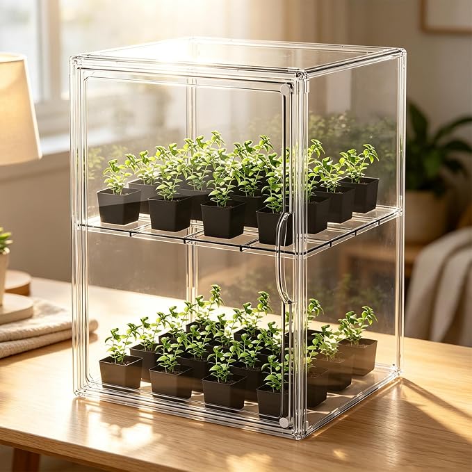 HOYOJA Clear Acrylic Display Case, Super Large Stackable Storage Bins, Acrylic Box with Compartment Divider Clear Mini Greenhouse for Indoor, Small Green House with Magenetic Door