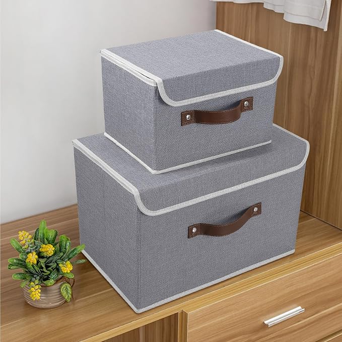 ANMINY Fabric Storage Box Bins with Lids, Gray, 13"x9"x7.9" | Keepsake Memory Storage, Cotton Linen, PP Board Reinforced, Washable, PU Handles, Foldable & Stackable, Decorative, Medium