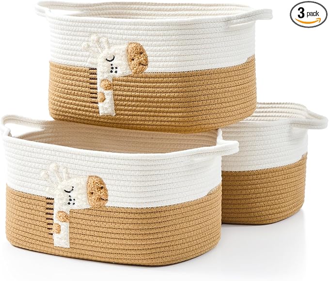 Storage Basket, Woven Baskets for Shelves, Giraffe | 3 Pack Boho Cotton Rope Storage Baskets, 14" x 9" x 8", Home Organizer for Nursery, Holds Toys, Books & Towels