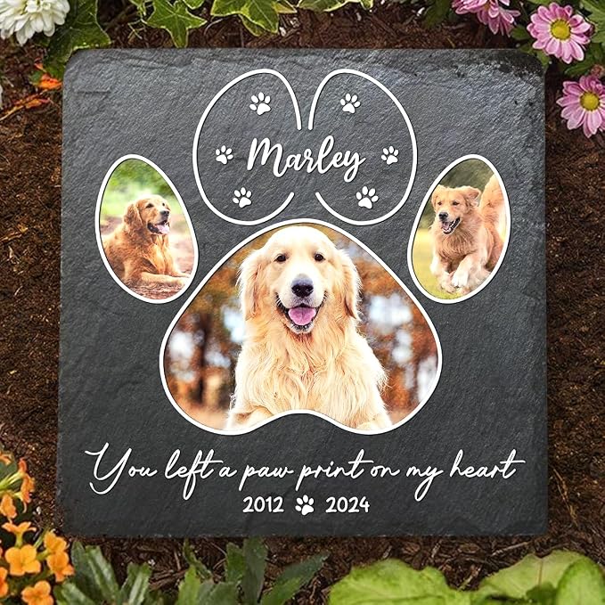Wrappiness Pet Memorial Stone - You Left A Paw Print On My Heart, Personalized Dog Memorial Gifts, Remembrance Condolences Bereavement Gifts for Loss of Pet Custom Photo (Square 03, Stone)