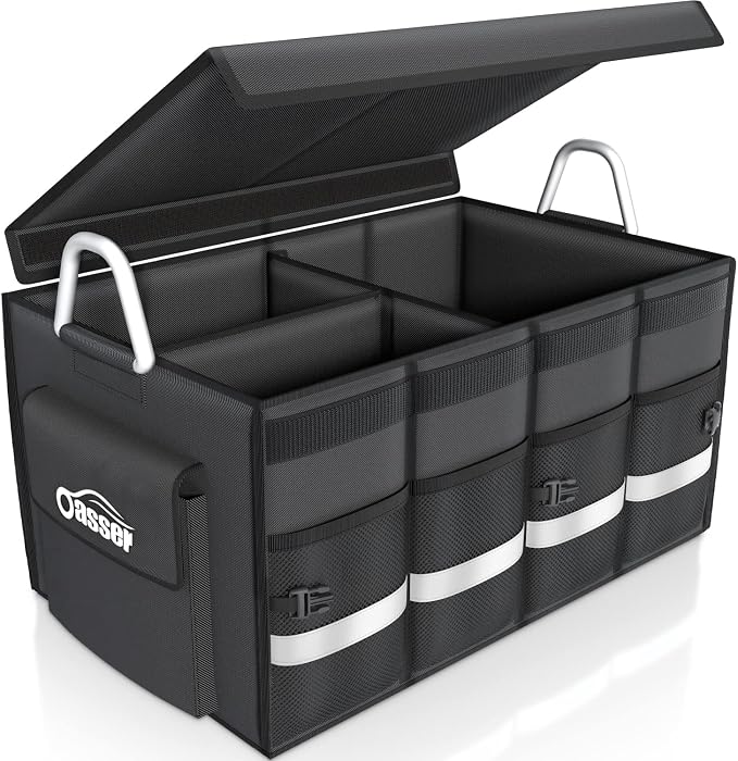 Oasser Trunk Organizer with Sturdy Hard Lid, Large, Black | Aluminium Alloy Handle, supports up to 110lb load, 1680D Splash-Resistant Material, Reflective Strip, Anti-slip bottom