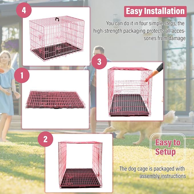 Large Dog Crate Kennel Metal Dog Cage for Medium Large Dogs Double-Door Folding Travel Indoor Outdoor Puppy Playpen with Divider and Handle Plastic Tray,42",Pink