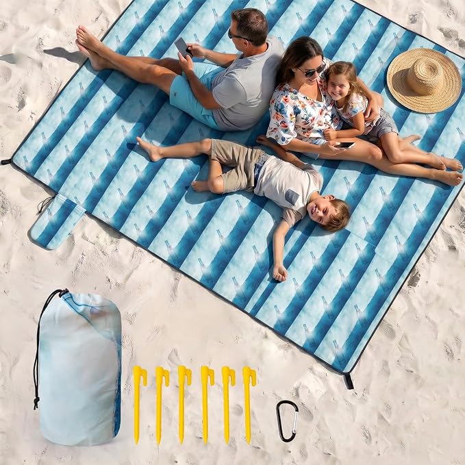OIGAE Beach Blanket Waterproof Sandproof Oversized Beach Mat | Picnic Mat with Stakes, Storage Bag - Essentials for Outdoor Beach, Picnic,Quick-Dry Lightweight,Windproof Pockets