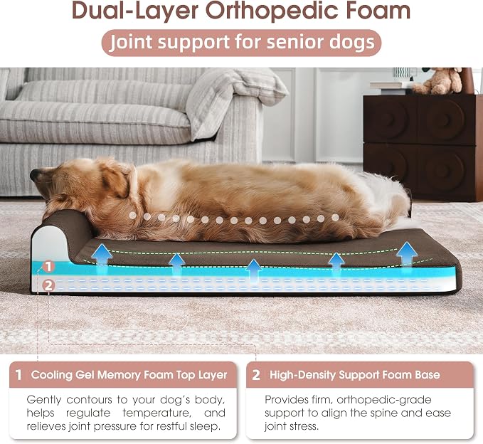 Gel Memory & High-Density Foam Orthopedic Dog Bed 44x32x7.5 Large | | Double Waterproof Cover | Machine Washable | Non-Slip Base | Fur-Resistant Tech Fabric