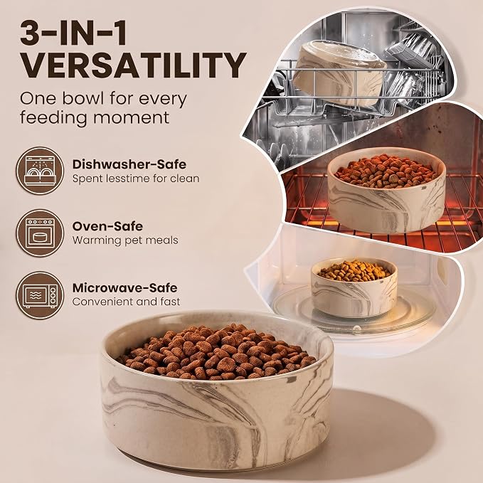 hjn Elevated Ceramic Dog Bowl with Bamboo Stand, Raised Pet Feeding Station for Small Medium Dogs Cats, Modern Design with Anti-Slip Base (Marble Brown, 7.6Cup)