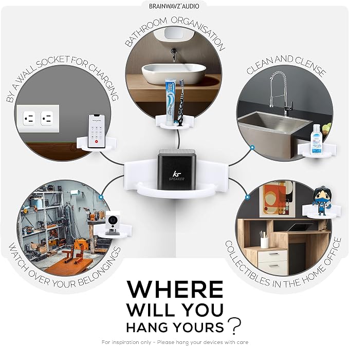 BRAINWAVZ Mini Circular Corner Shelf Mount for Security Cameras, Baby Monitors, Speakers, Plants & More, Universal Holder, Strong Adheasive, No Mess, Screwless (White)