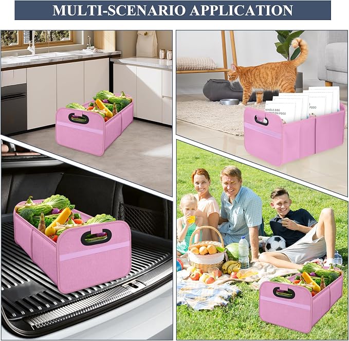 Car Trunk Organizer, Foldable Car Trunk Storage Box with 2 Compartments & Mesh Pocket, Large Capacity, Portable with Handle, Collapsible Backseat Storage Organizer for SUV Truck Sedan (Pink)