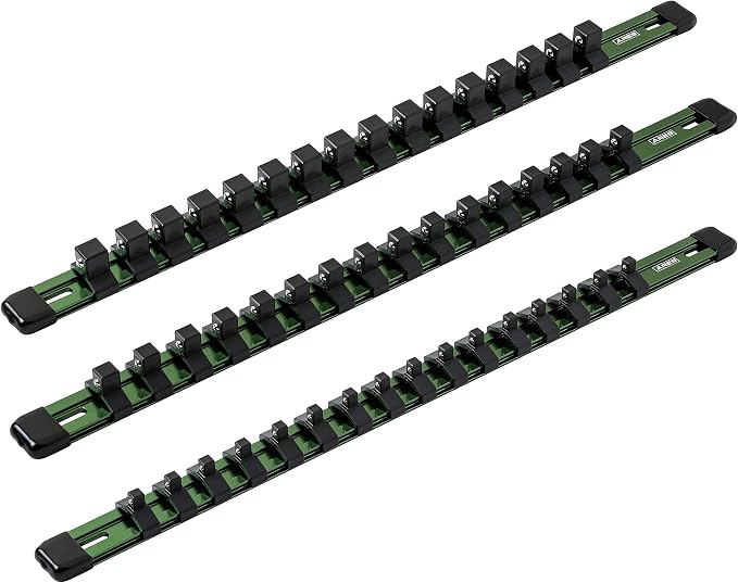 ARES 60045 3-Pc 1/4,3/8,1/2-In Green Socket Rail | Part No. 60045; 1/4-Inch, 3/8-Inch, and 1/2-Inch Drive Socket Organizers Hold 48 Sockets