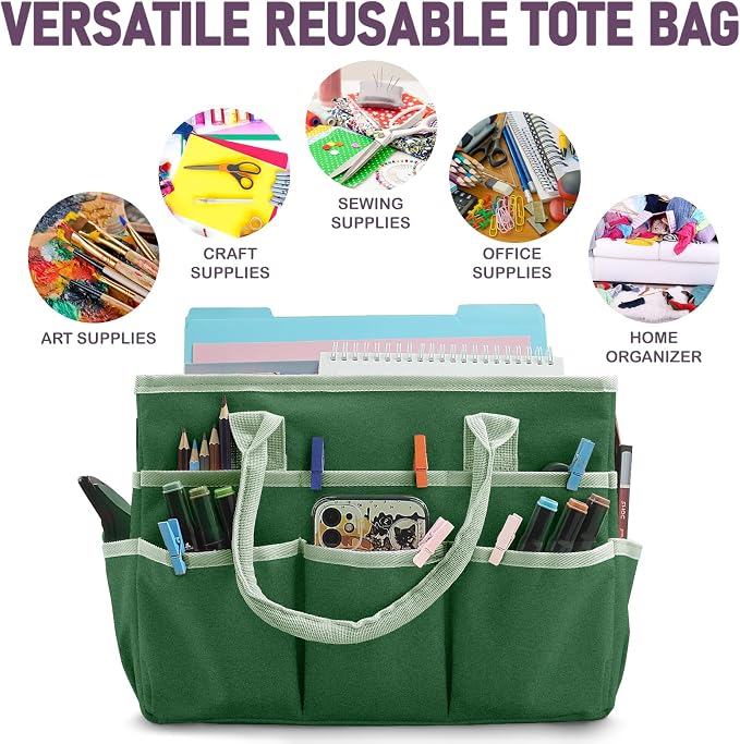 Cupohus Craft Organizer Bag, Green Art Supply Tote with Multiple Pockets | Portable Storage Tote for Scrapbooking, Journal, Sewing, Oxford Fabric Carrying Caddy for Teacher, Officer, Artist