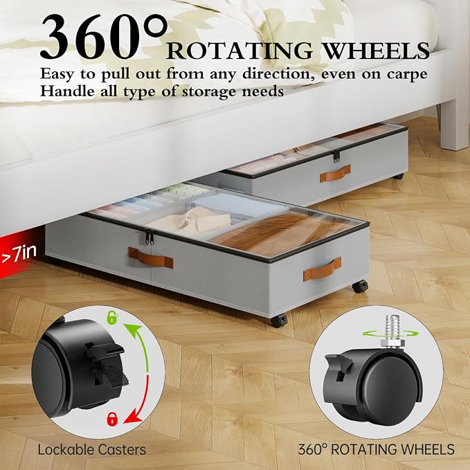 Yecaye Under Bed Storage with Wheels, 2 Pack Under Bed Storage Containers with Adjustable Dividers & Clear Window, Rolling Underbed Organizer Bins Drawers for Clothes, Shoes, Blankets, Grey