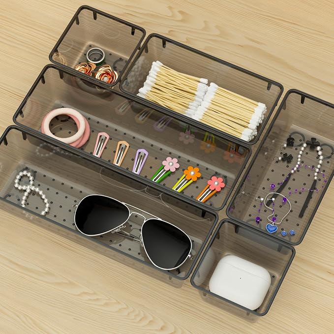 6 Pack Clear Drawer Organizer Set, Drawer Storage Trays, Storage Bins | Acrylic Drawer Storage Trays, Storage Bins for Makeup, Cosmetics, Jewelries, Utensils, Gadgets, Office