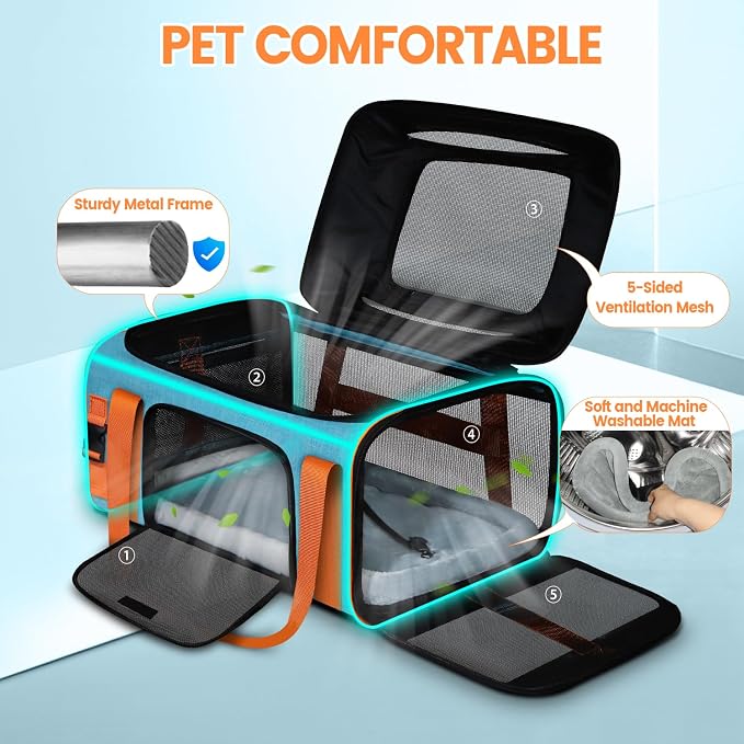 Top-Expandable Pet Carrier 19"x13"x9" Airline Approved, Blue | for Southwest Allegiant Airlines, Lockable Safety Zippers and Anti-Scratch Mesh, Pets Under 12 Lbs