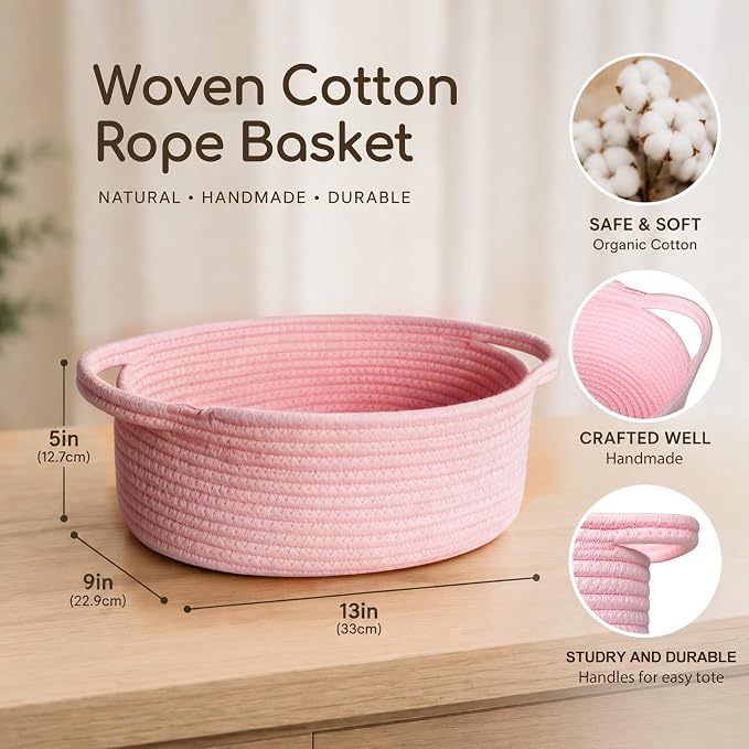 Pink Basket for Gifts Empty, 13"x9"x5" Small Woven Cotton Rope Baskets for Storage, Empty Gift Basket for Birthday, Easter, Christmas, Valentines, Cute Baby Nursery Organizer, Pink Room Decor