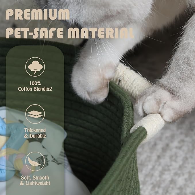 Sea Team Cat Toy Storage Basket with Handles, Green Meow | Large Cotton Rope Storage Bin, Shelf Basket, Organizer for Pet Chew Toys, Foods, 16.5 x 11 x 7 Inches, 4.4 Gallons