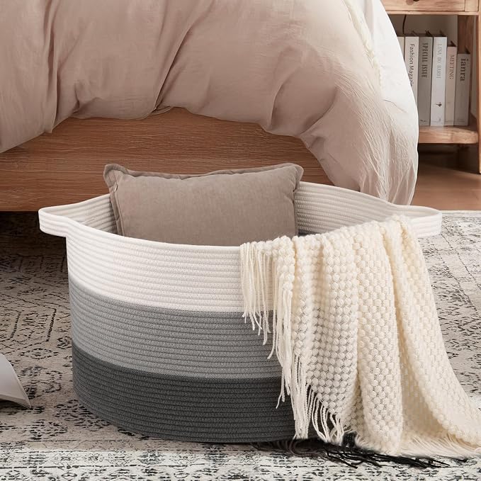 OIAHOMY 90L Extra Large Blanket Basket - Decorative Cotton Rope Storage Basket for Bedroom, Living Room & Nursery - Woven Laundry Hamper for Organizing Blankets, Clothes & Toys - Gardient Dark Grey