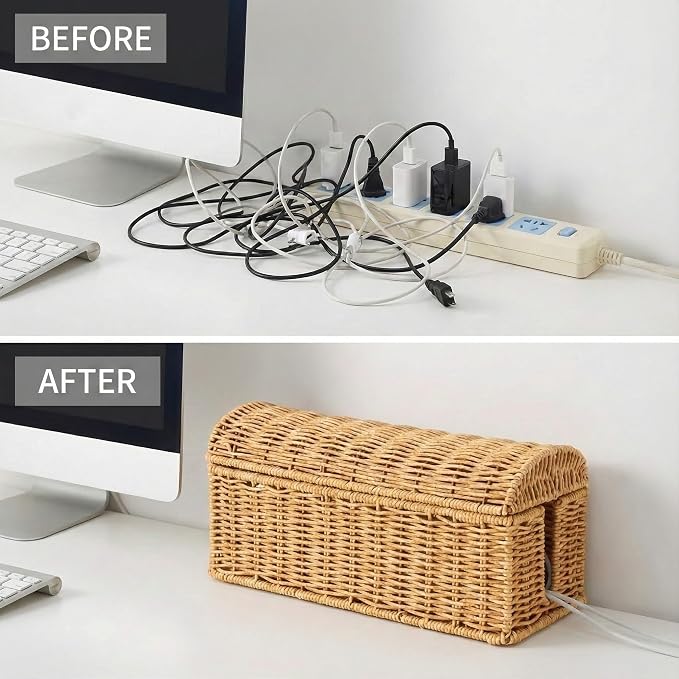 Rattan Cable Management Box, Ventilated Cord Hider with Flip Lid