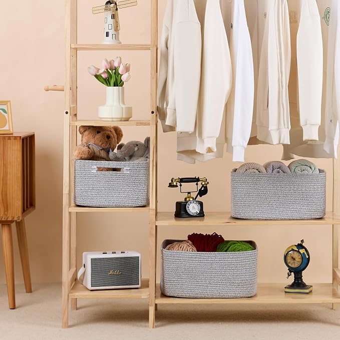 MiniArk Large Storage Baskets for Shelves, 17 x 13 x 7.5” Closet Organizers Bins for Clothes Blanket Towels, Baby Nursery, Toy Baskets Box, Woven Rope Baskets, 2 Packs Mixed Grey