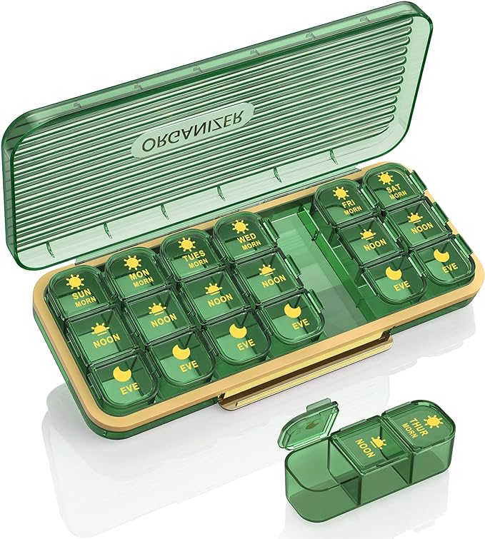 Acedada Pill Organizer 3X A Day, 7-Day Pill Box 3 Times A Day, Green | Weekly Medicine Box Organizer, 7 Detachable Portable Daily Pill Container Dispenser Case for Vitamins Fish Oils Supplements
