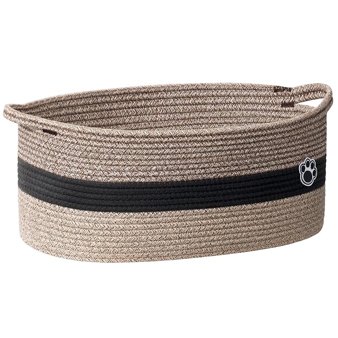 30L Large Woven Rope Dog Toy Basket with Paw Print, Brown Mix | 19.7" x 11" x 7.9" Dog Toy Bin & Box with Handles, Storage Basket for Blankets Towels, Fits Living Room Nursery Bedroom