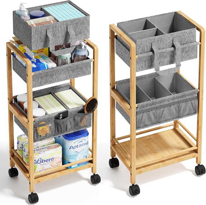 Bamboo Diaper Caddy Cart with Wheels - 3-Tier Rolling Storage，Light Grey | Removable bins, side pockets, sturdy handle, smooth wheels. For nursery, living room, laundry, pet. Natural bamboo, versatile