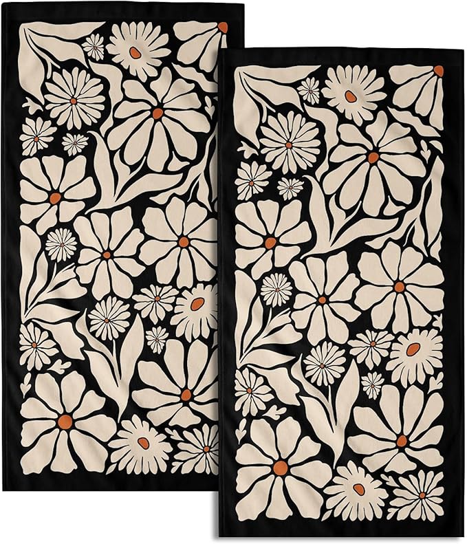 Giwawa Black Daisy Hand Towels Set of 2 Boho Floral Decorative Absorbent Fingertip Towels Soft Kitchen Tea Dish Towels for Bathroom Home Gym Spa