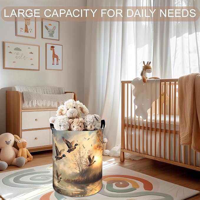 Mallard Duck Laundry Basket Hamper 19.7"x15.8", Wildlife Foldable Waterproof Oxford Clothes Storage Bucket for Room Bathroom Bedroom Nursery Decor, Toy Organizer Bins Gifts for Kids Boys Girls
