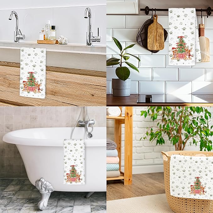 Red Chinoiserie Christmas Corgi Kitchen Towels, Corgi Lover Gifts Dish Tea Towels for Kitchen Decor, Green Xmas Tree Santa Dog Paw Prints Hand Towel for Bathroom Decor, 16x24 Inch