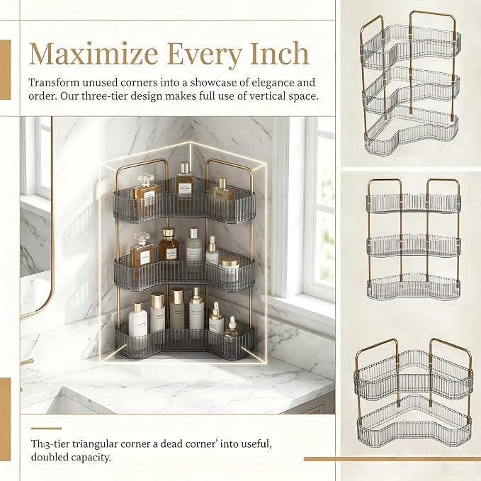 3-Tier Corner Bathroom Organizer, Skincare Vanity Counter Shelf Grey | Premium PET Perfume Display Stand with Gold Metal Rods, Space-Saving 90 Degree Storage Rack for Dresser