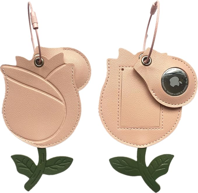 PU Leather Luggage Tag with Airtag Holder Case Set and Name ID Label | Hidden Compartment for AirTag Travel Suitcase Tracking Case with Stainless Steel Loop,Cute Fruit Plant Animals Styles,Rose