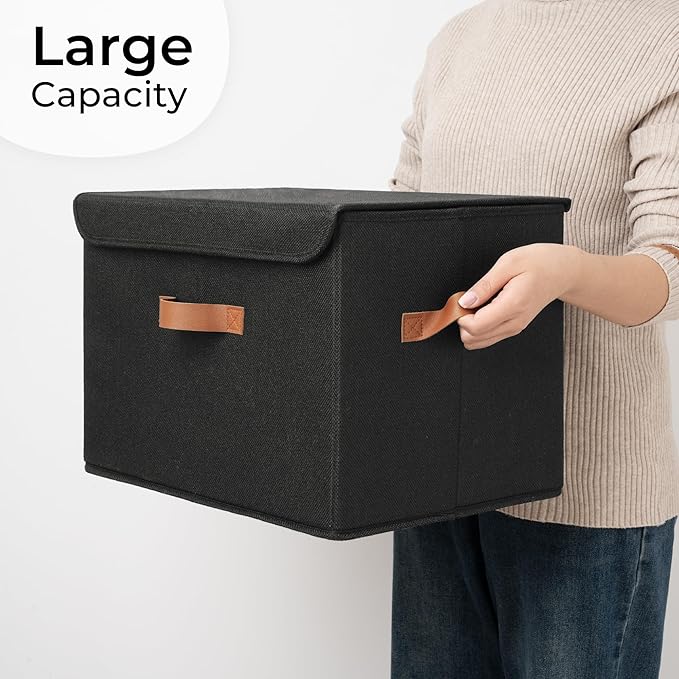 GRANNY SAYS Memory Keepsake Storage Box, Fabric Storage Bins with Lids | Flip-Top Lid, Collapsible, Stackable, 3 Handles, Ideal for Closet Clothes Blanket Toys, Extra Large, Black, 2-Pack