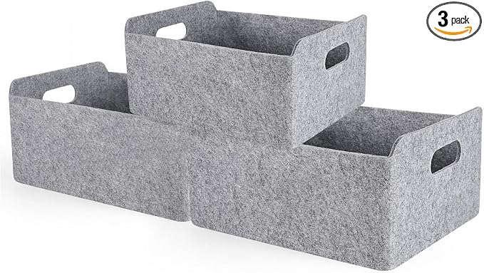 Welaxy Storage Baskets Collapsible Felt Storage bin Foldable Shelf Drawers Organizers Bins organizie Box with Handles for Kids Toys pet Toy Books Clothes Makeup Junk organise (Gray x 3)
