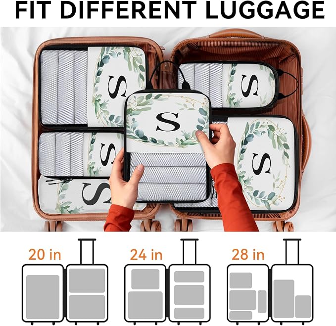 Letter S 6 Set Compression Packing Cubes Natural Floral Design Expandable Packing Organizer for Travel Accessories Luggage Suitcase Bag