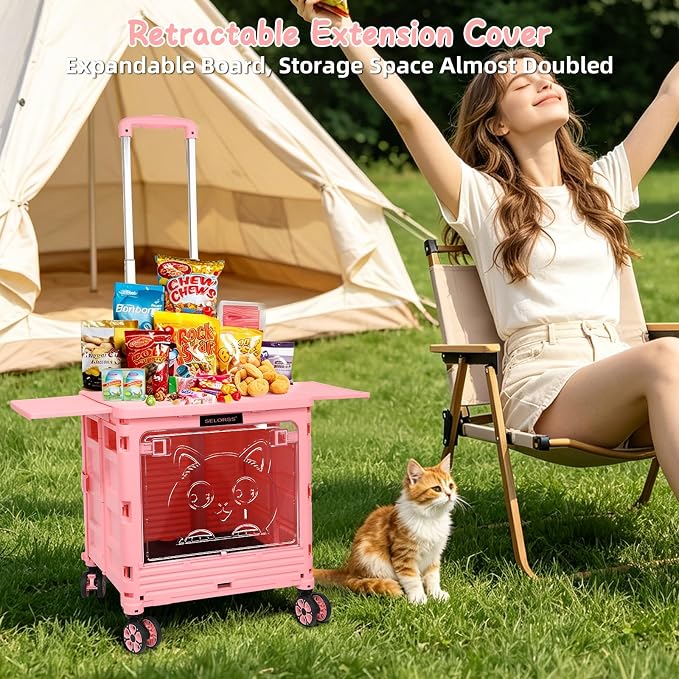 2-in-1 Foldable Shopping Cart & Rolling Pet Carrier, 55L Collapsible Utility Cart with Wheels, Pet Carrier with Telescopic Handle for Cats & Small Dogs, Portable Grocery Cart for Picnic, Travel-Pink