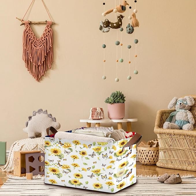 Foldable Collapsible Storage Bin with Sunflower & Butterfly Design - 17x11.5x10.5 Inch Organizer Basket for Home Decor, Closet, Seasonal Storage - Single Pack No Lid Space-Saving