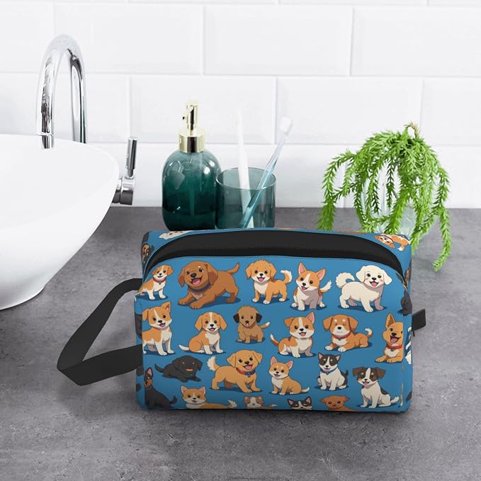 Cute Dogs Print Makeup Bag - Durable 600D Oxford Fabric Travel Cosmetic Bag, Shockproof Foam Padded Toiletry Organizer for Gym & Daily Use 10x6.2x4.9 Inch