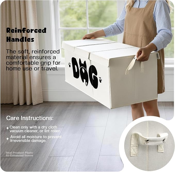 Dog Toy Basket with Lid, 3 Compartments Dog Basket for Toys, Dog Toy Box with 2 Removable Dividers, Collapsible Storage Bins for Dog Toys, Dog Storage Organizer, Beige