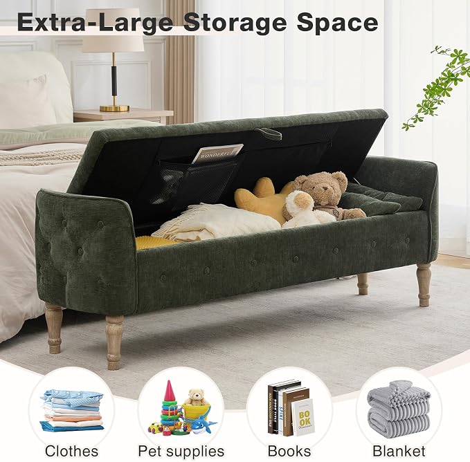 67"End of Bed Storage Bench King Size,Upholstered Bedroom Bench,Green | Linen Storage Bench for Bedroom End of Bed ,2 Cushion, Vintage Wood Legs ,Tufted,Storage Ottoman Bench for Entryway Window