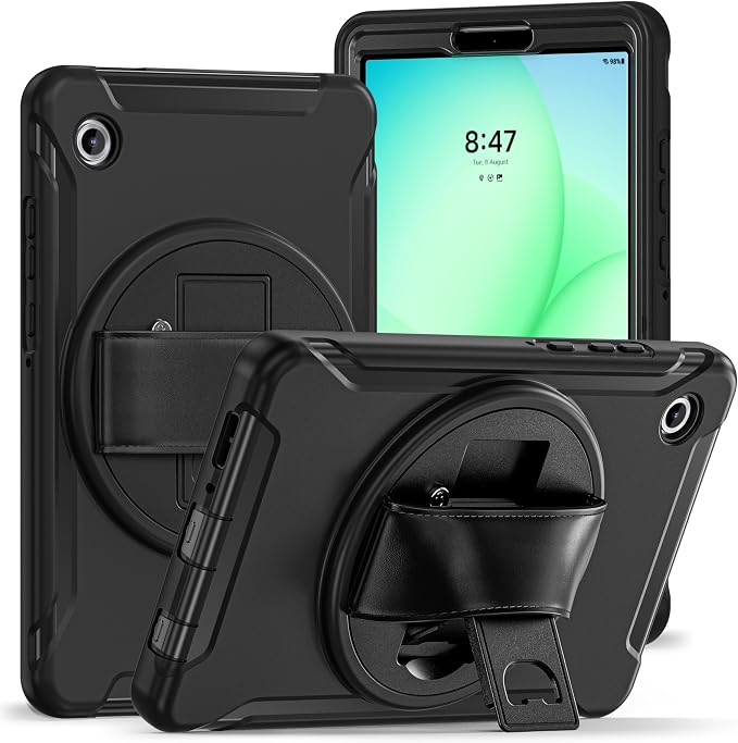 for Samsung Galaxy Tab A11 (2025) 8.7 inch Case 5G with Screen Protector, Hand Strap, Pen Holder & 360° Rotating Stand,Shockproof Protective Cover for SM-X130/X133/X135 (Black)