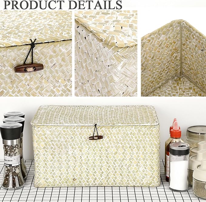 Hipiwe Wicker Shelf Baskets Bin with Lid, Large Seagrass Basket Storage Box | Handwoven Natural Baskets for Shelf Organizer, Rectangular Household Basket Boxes for Home Decor, Whitewash