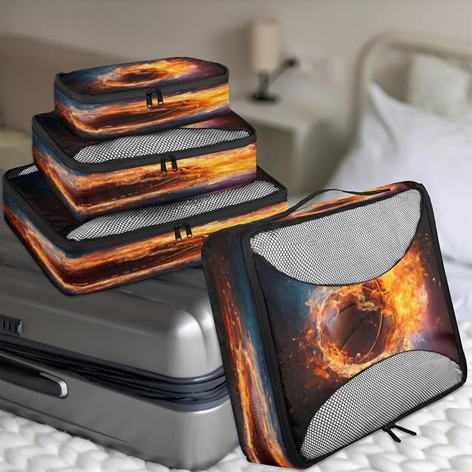 Fire Basketball Packing Cubes for Travel, Luggage Packing Organizers, Burning Ball Travel Accessories Large Toiletries Bag for Clothes Shoes Cosmetics Toiletries