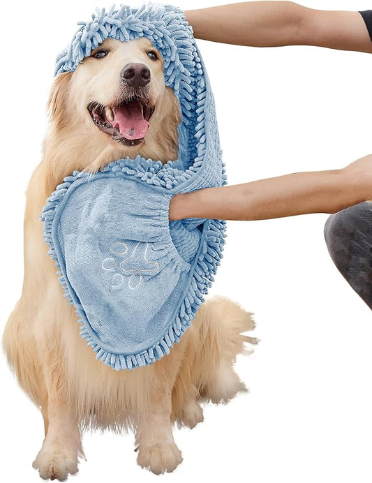 Microfiber Dog Towel for Fast Dog Drying, Super Absorbent Dog Towels for Drying Dogs Large & Small, Quick Dry Pet Towel with Hand Pockets, Soft Durable Puppy Towel-Blue