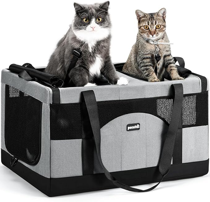 Pecute Large Cat Carrier, Soft Double Pet Crate for 2 Cats Travel, Gray | Anti-Collapse Steel Frame, Convertible Dual Space, Foldable, Polyester Breathable mesh, Up to 26 lbs, Car Travel & Vet Visits